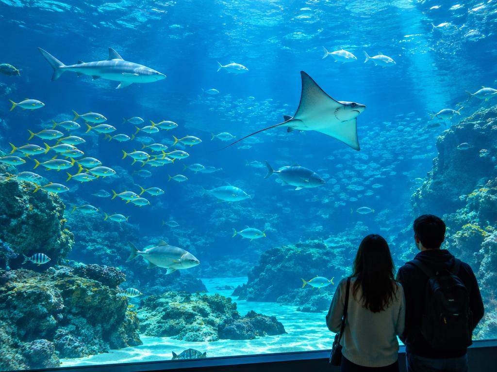 Visitors watching a ray in a large aquarium