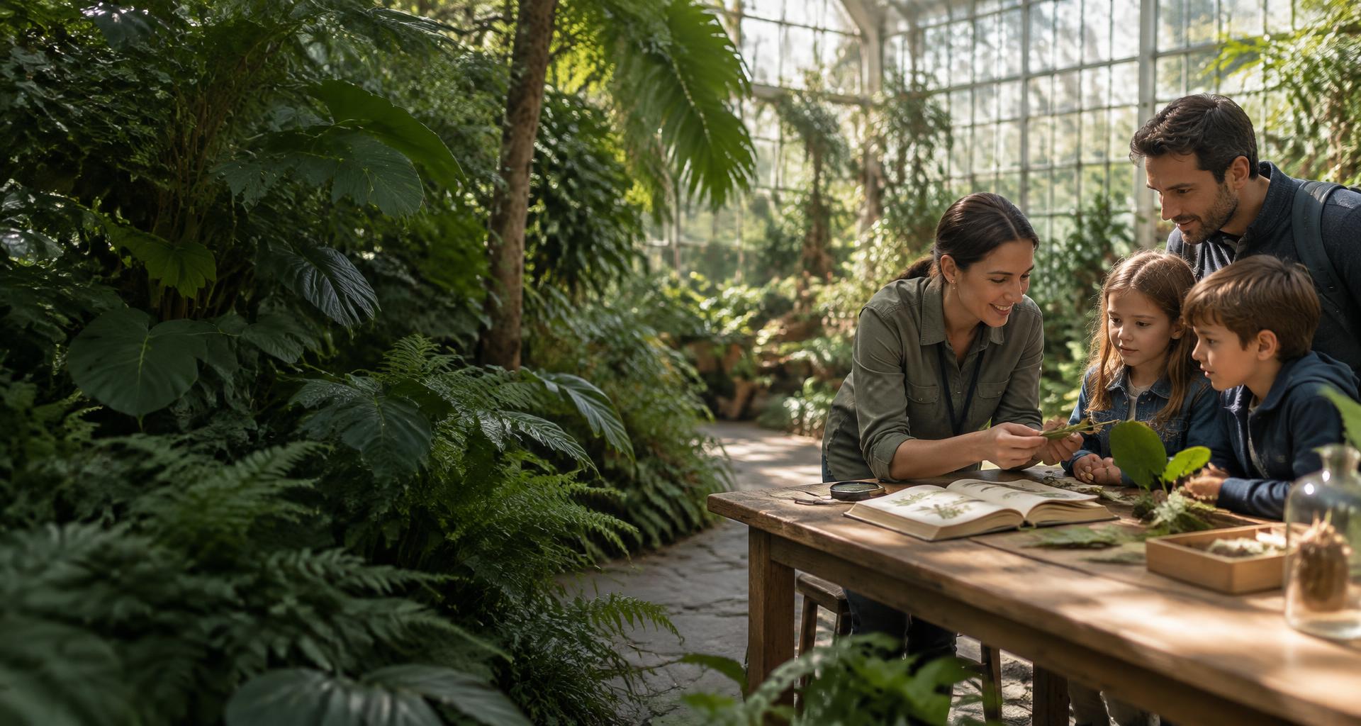 An educator and family exploring botanical specimens together in a sunlit conservatory